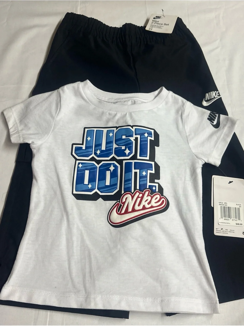 Nike White Tee with Blue 'Just Do It' Graphic and Red Script Logo and Nike Pants